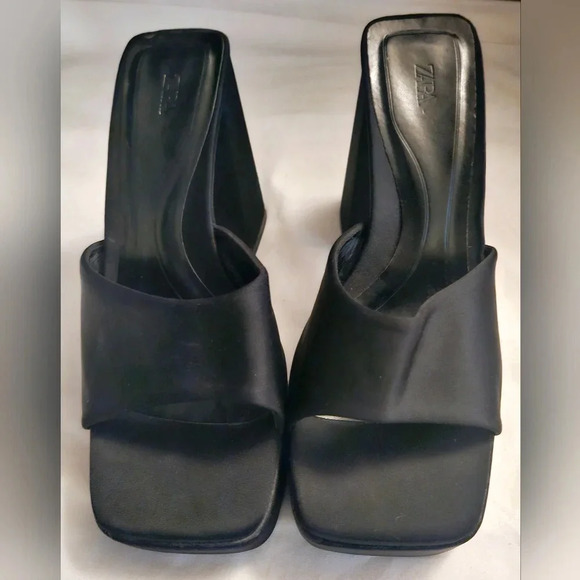 ZARA Y2K Black Satin Leather Square Toe Platform Heels Sz 7.5/ 8 US/38 Eu - Picture 7 of 14